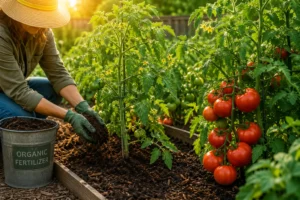 Healthy tomato plants growing with proper fertilization, producing lush green foliage, abundant flowers, and ripe tomatoes.
