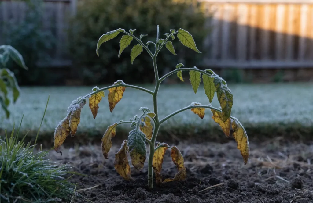 Why Are My Tomato Plant Leaves Turning Yellow? 18 Causes & Easy Fixes 13 Tomato plant with yellowing lower leaves caused by transplant shock and light frost damage, while healthy new growth develops at the top.