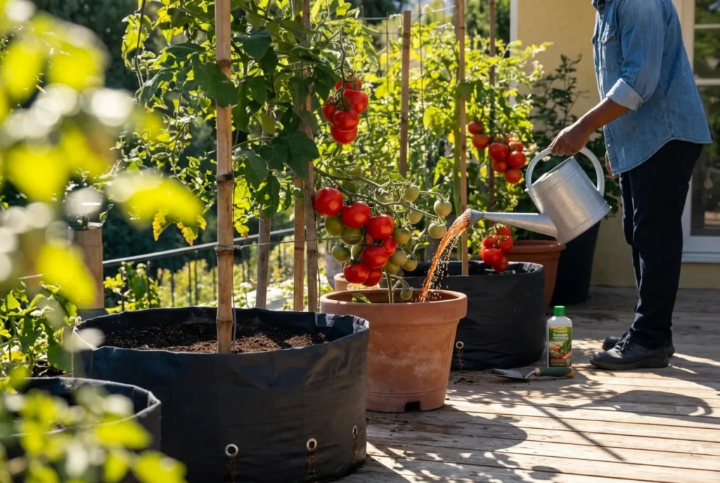 Gardener feeding container-grown tomato plants with liquid fertilizer to replace nutrients lost from frequent watering.