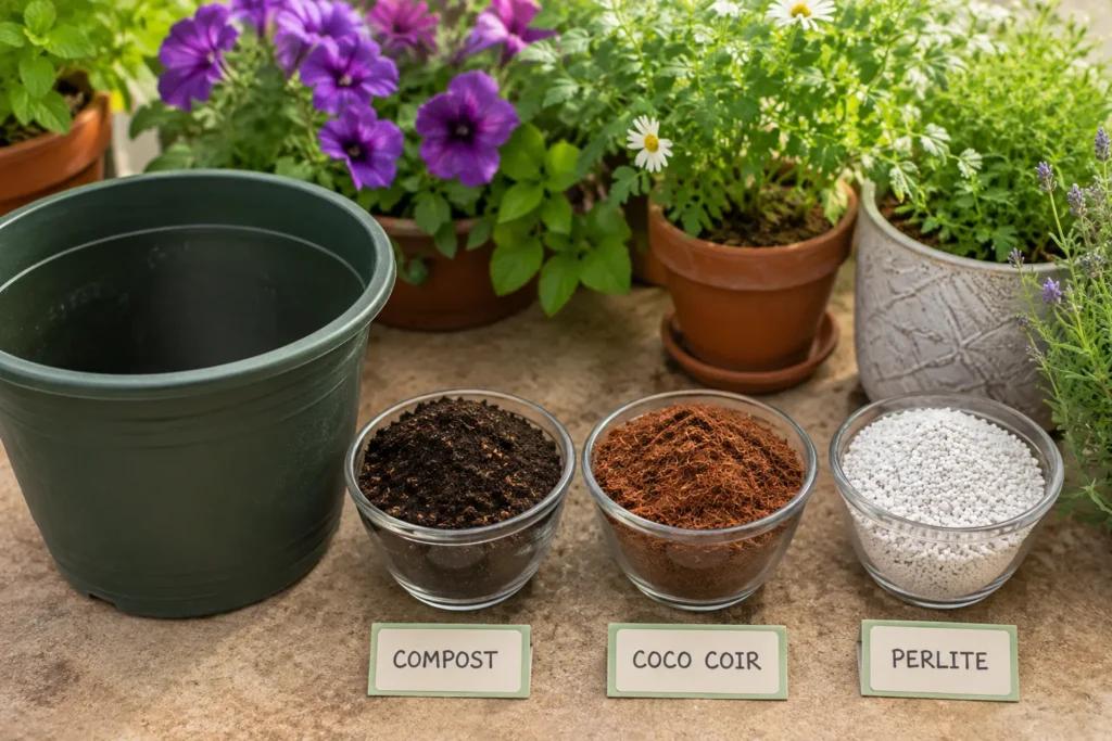Ingredients for homemade tomato potting mix