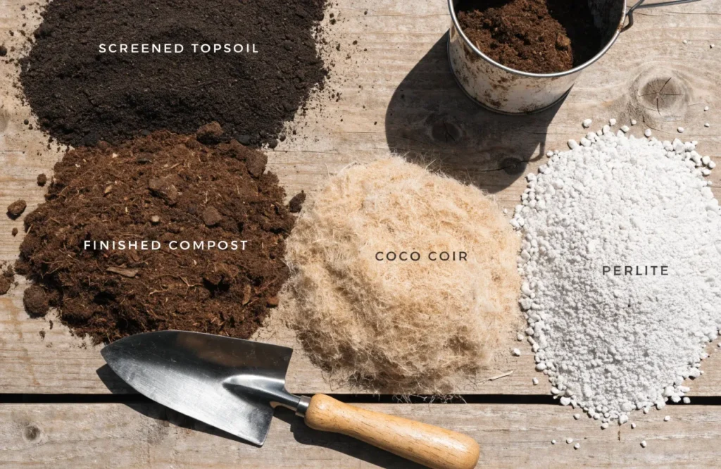 Ingredients for making a homemade tomato soil mix including compost, topsoil, coco coir, and perlite.