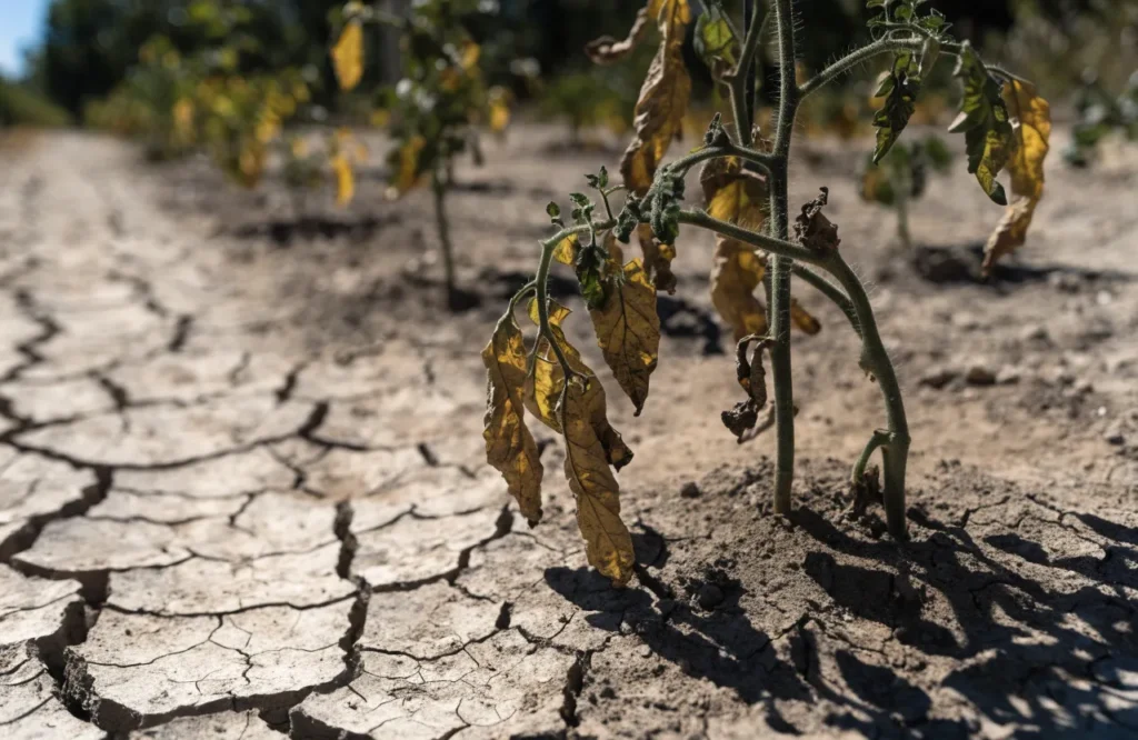 Why Are My Tomato Plant Leaves Turning Yellow? 18 Causes & Easy Fixes 5 Underwatered tomato plant with yellow curling leaves and dry soil