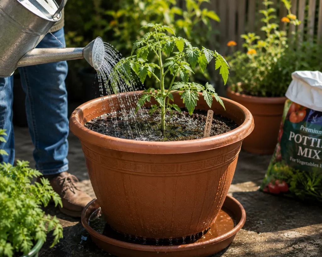 Watering a newly planted tomato in a container