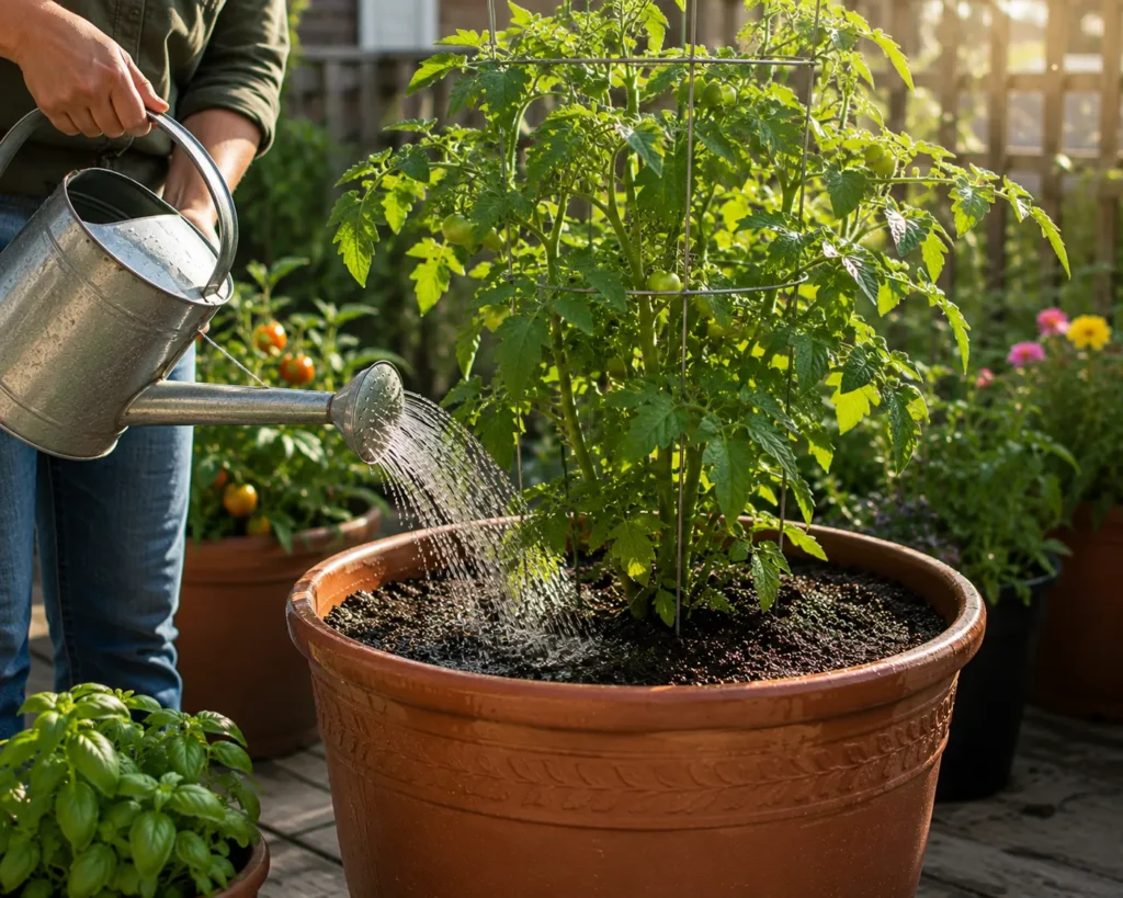 Watering tomato plants growing in pots