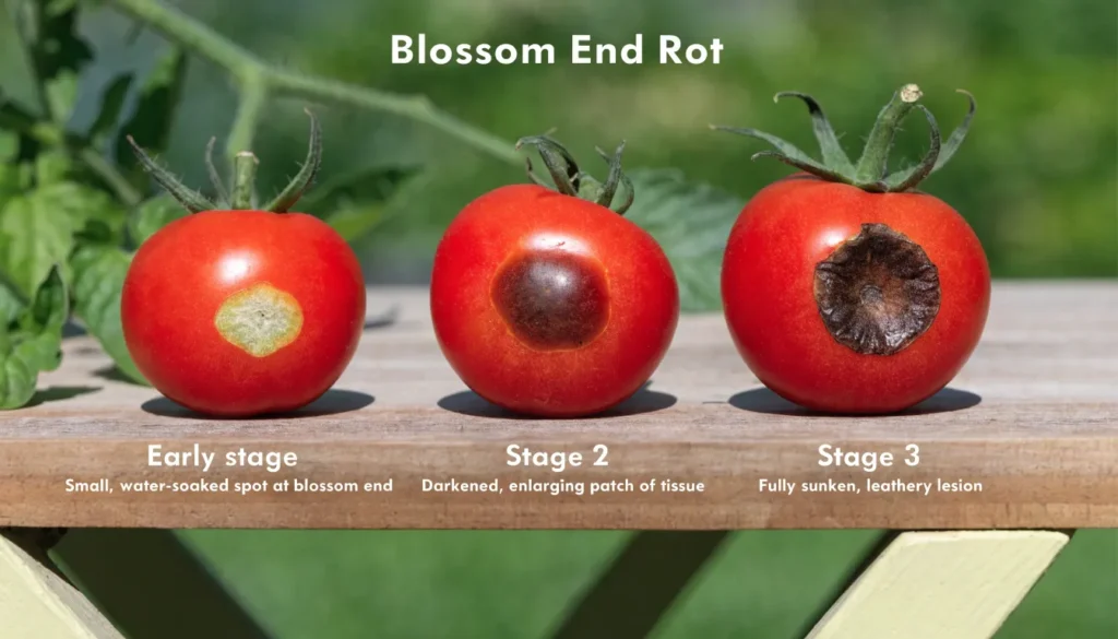 Three stages of blossom end rot symptoms progressing from early spot to leathery lesion
