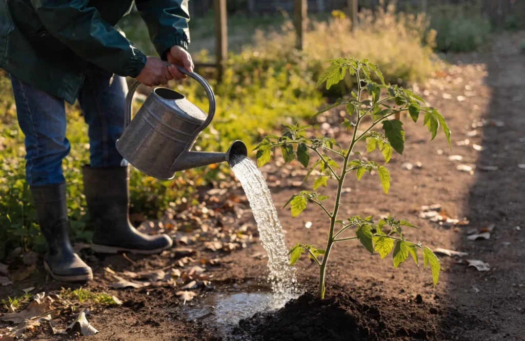 atering a tomato plant at the base in the early morning
