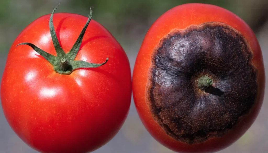 Healthy tomato next to one affected by blossom end rot for comparison