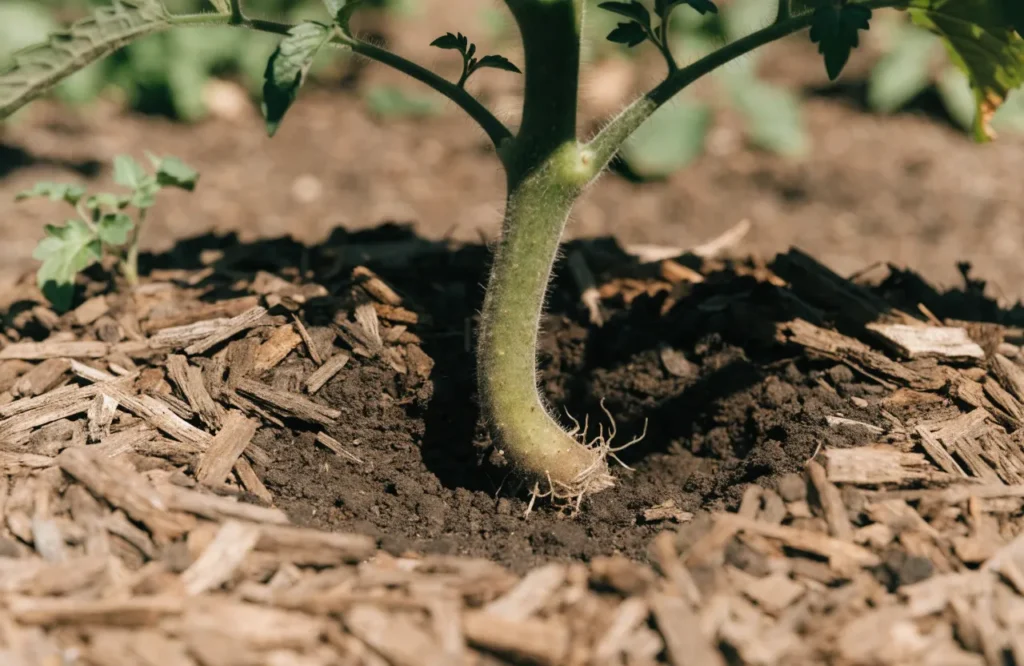 How to Prune Tomato Plants: 7 Simple Steps for Bigger, Healthier Harvests 7 Tomato plant stem cleared of lower leaves above the soil line