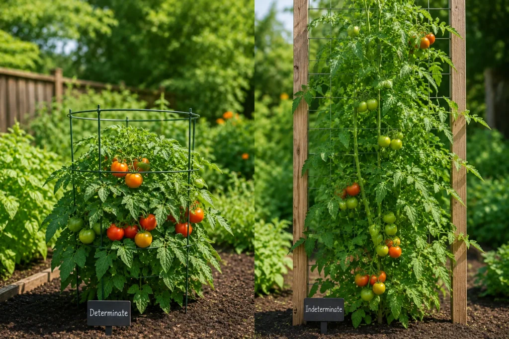 Determinate tomato plant beside a taller indeterminate plant on a trellis