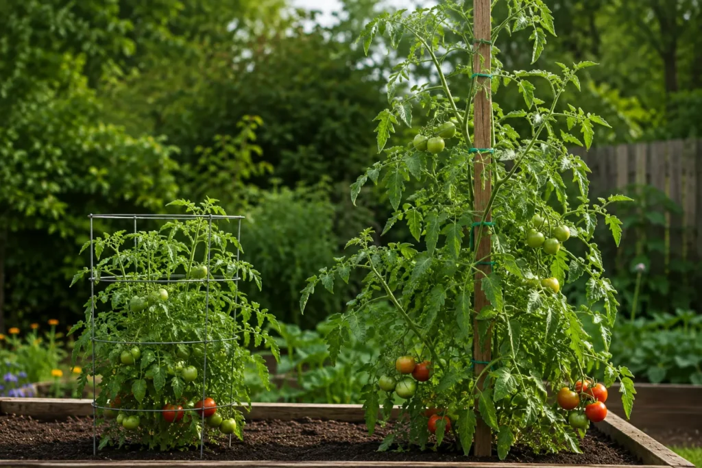 Determinate tomato plant in a cage next to a taller indeterminate tomato plant on a tall stake
