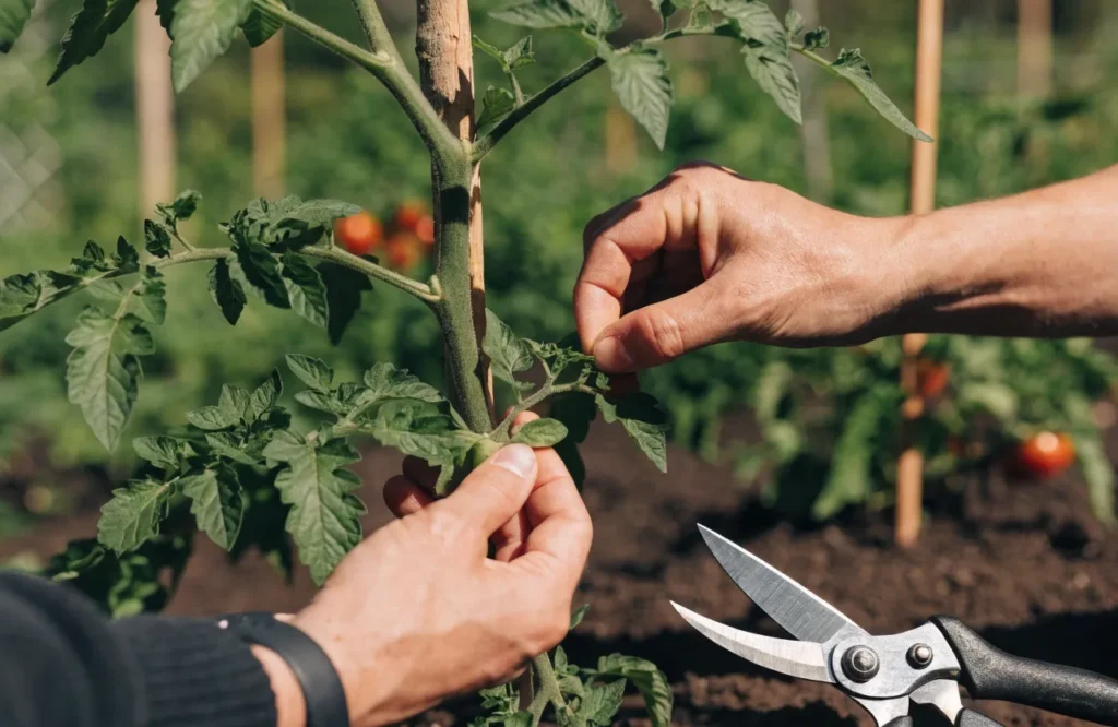 How to Prune Tomato Plants: 7 Simple Steps for Bigger, Healthier Harvests 5 Gardener removing a tomato sucker from an indeterminate tomato plant.