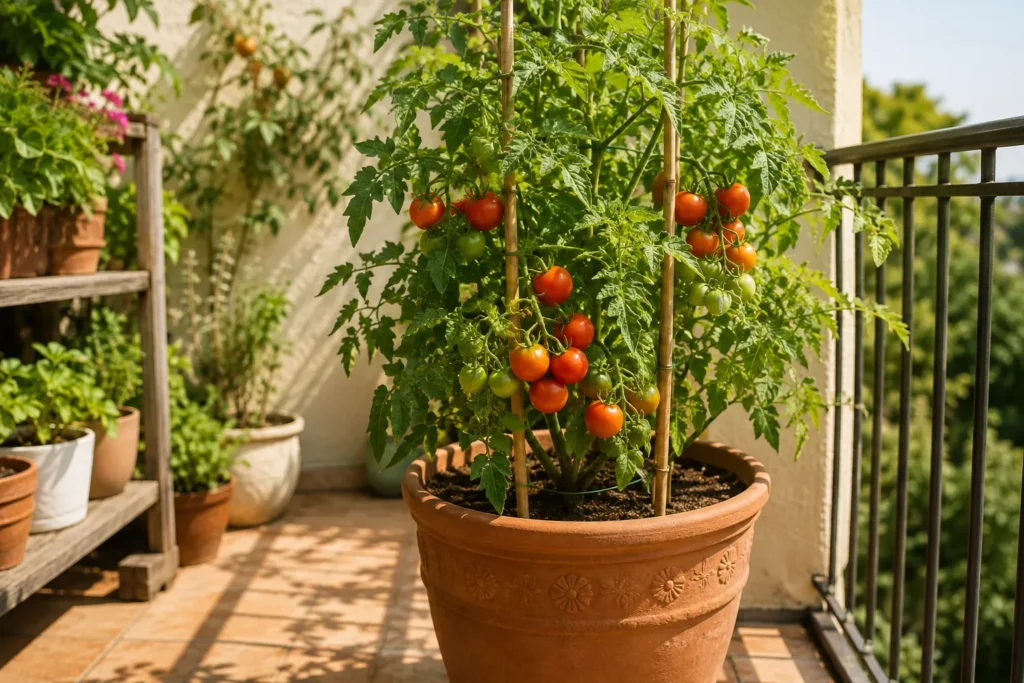 Patio tomato variety growing in a large container
