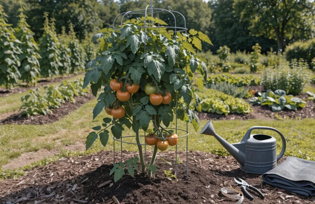 Tomato Sunscald: Symptoms, Causes, Treatment & Prevention Guide 10 Healthy tomato plant with dense foliage, tomato cage, mulch, gardening tools, and partial shade illustrating tomato sunscald prevention.