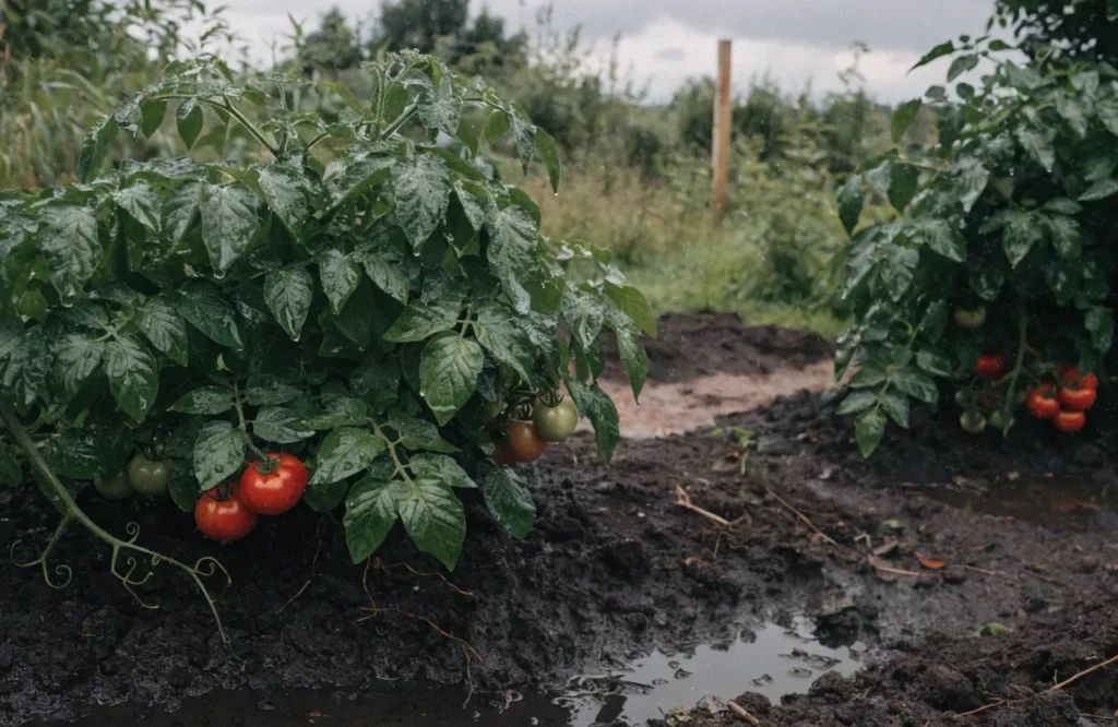 tomato plants in moist soil after heavy rain