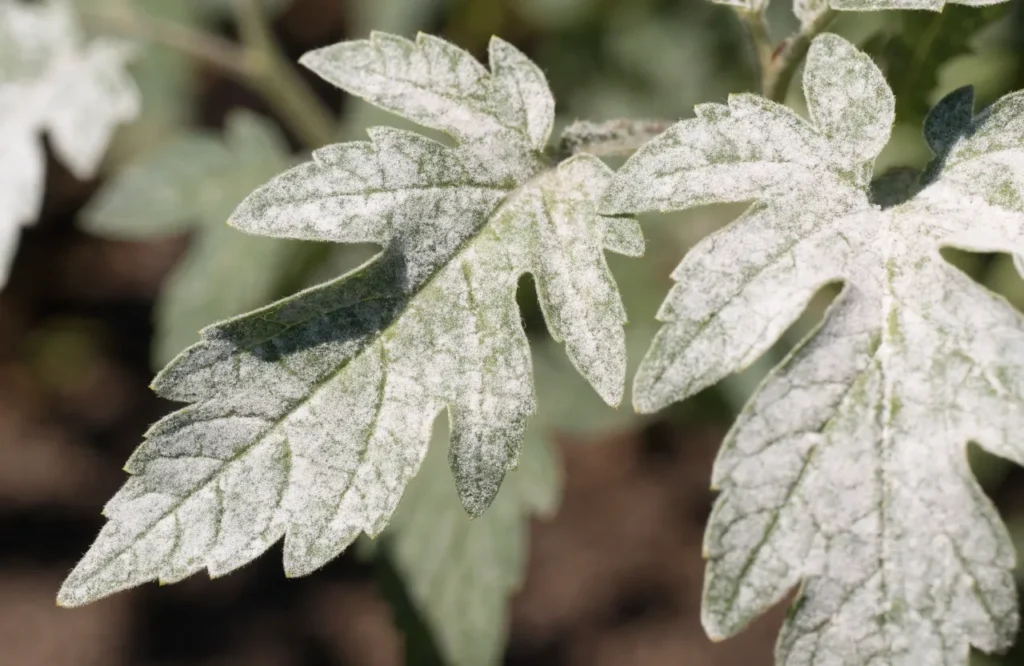 White powdery mildew coating on tomato plant leaves