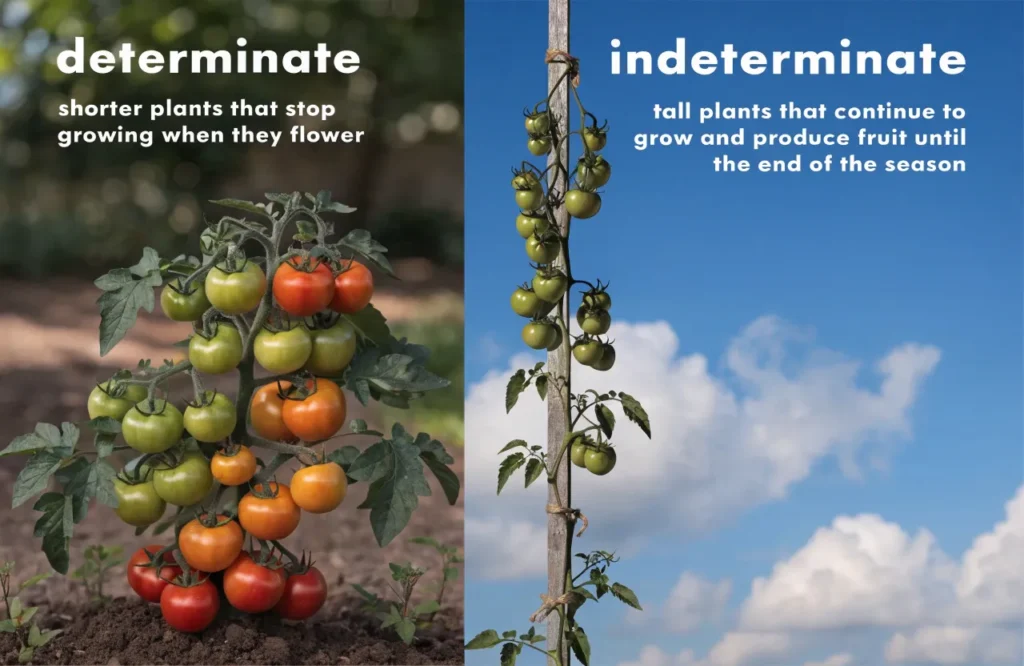 How to Prune Tomato Plants: 7 Simple Steps for Bigger, Healthier Harvests 3 Determinate bush tomato plant next to a tall staked indeterminate vine