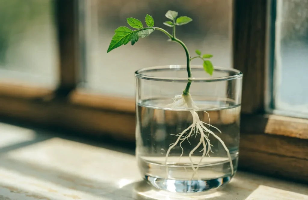 How to Prune Tomato Plants: 7 Simple Steps for Bigger, Healthier Harvests 10 Tomato sucker cutting rooting in a glass of water
