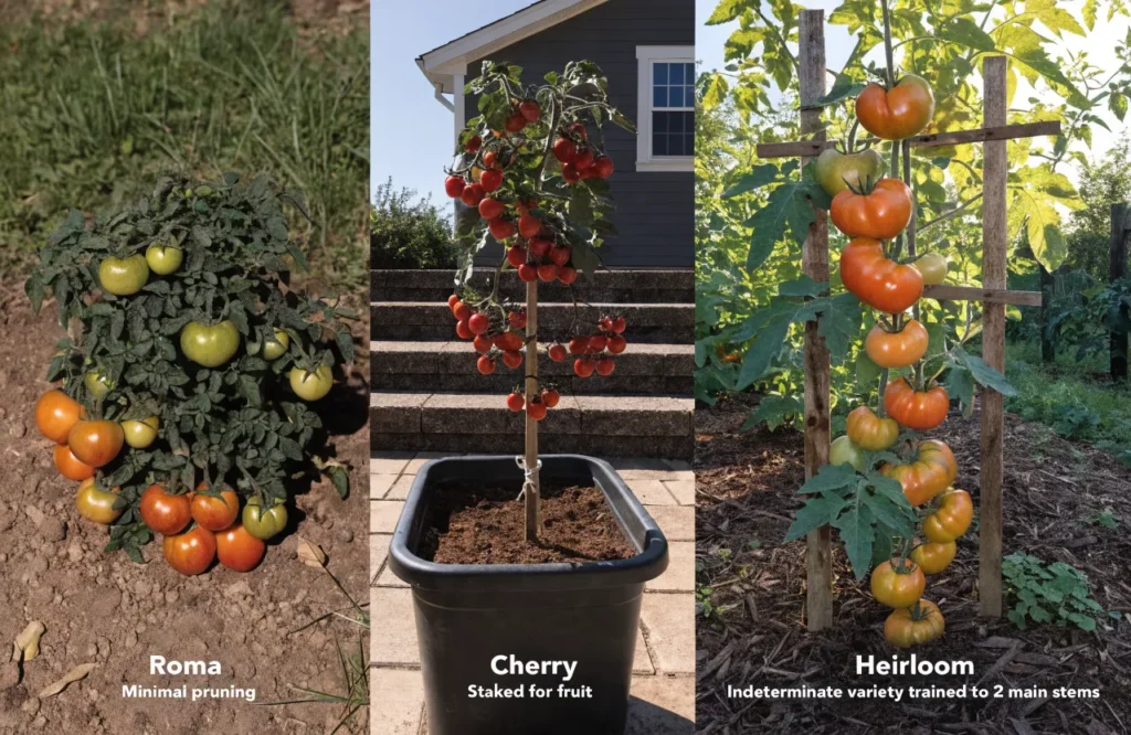 How to Prune Tomato Plants: 7 Simple Steps for Bigger, Healthier Harvests 11 Different tomato plants showing pruning methods for Roma, container-grown, and indeterminate varieties.
