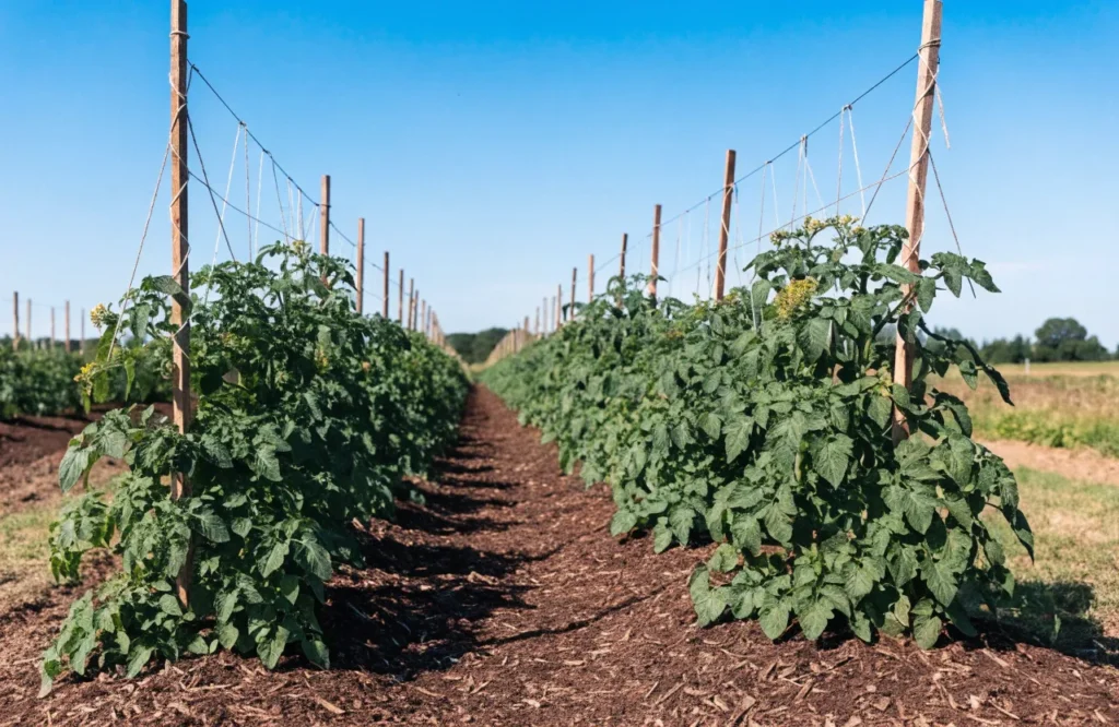 Well-spaced, staked, and mulched tomato plants growing healthily