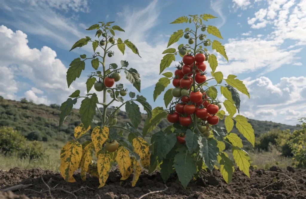 Verticillium wilt symptoms progressing up a tomato plant