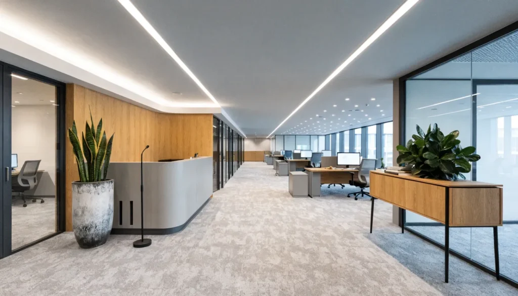 10 Best Low-Light Office Plants That Thrive in Dim Workspaces 1 Best low-light office plants including a snake plant and ZZ plant in a modern reception area