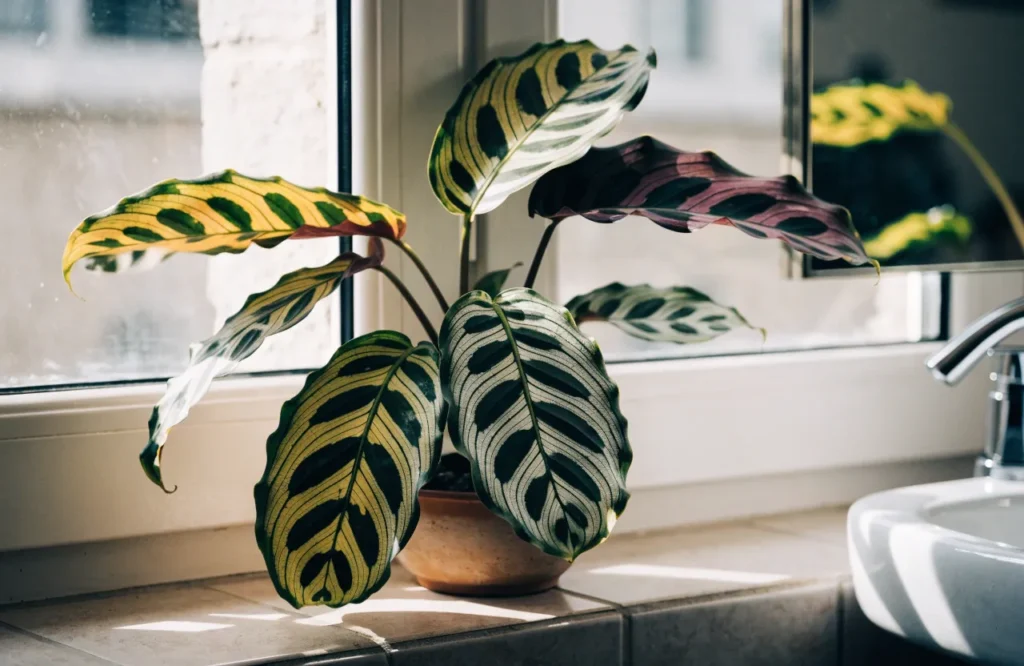Low Light Bathroom Plants: 12 Best Picks + Complete Care Guide 16 Calathea with striped patterned leaves on a bright bathroom windowsill.