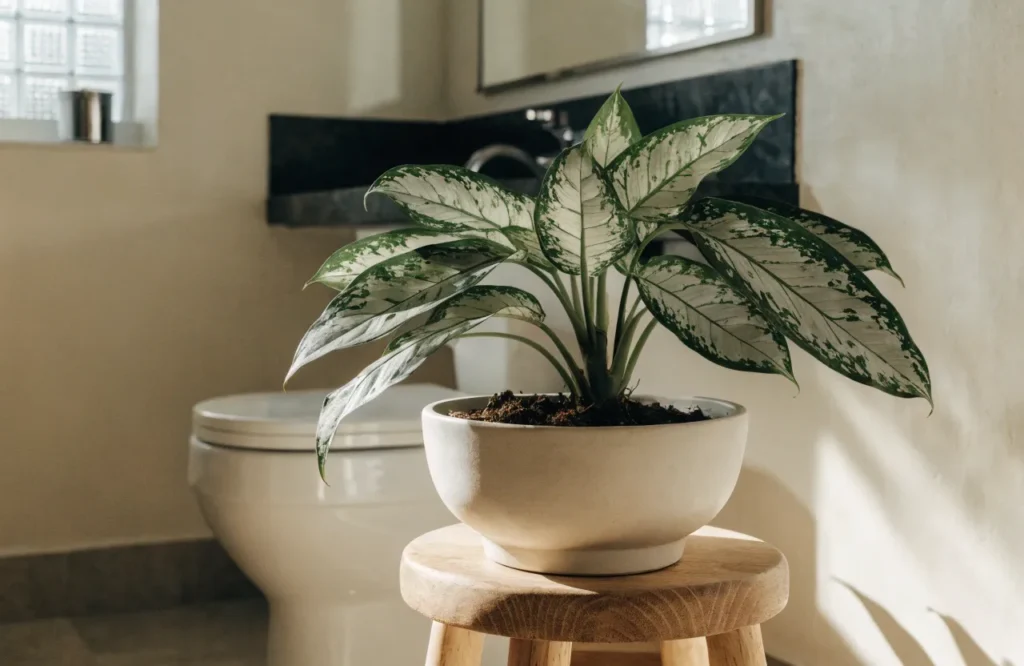 Low Light Bathroom Plants: 12 Best Picks + Complete Care Guide 13 Chinese evergreen with silver-and-green patterned leaves in a bathroom.
