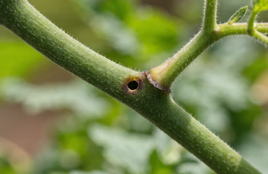 Small stalk borer entry hole on a wilting tomato plant stem