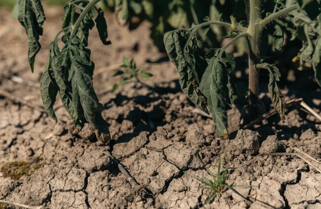 Dry, cracked soil beneath an underwatered wilting tomato plant