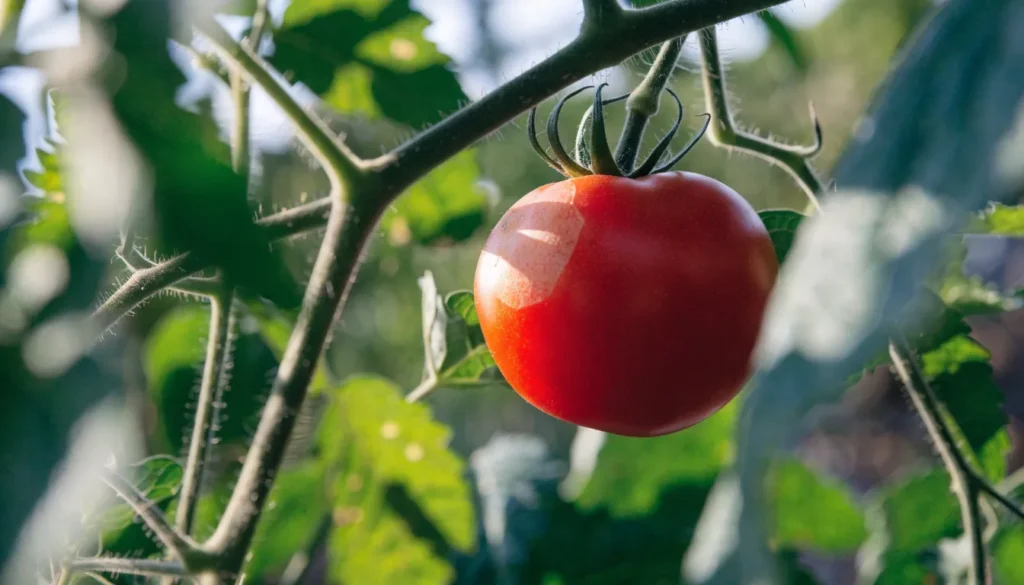 Tomato Sunscald: Symptoms, Causes, Treatment & Prevention Guide 1 Ripe tomato on the vine showing pale tan tomato sunscald patch on sun-facing side