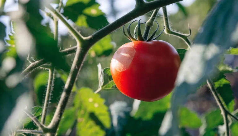 Ripe tomato on the vine showing pale tan tomato sunscald patch on sun-facing side