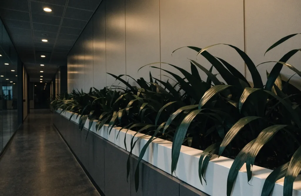 10 Best Low-Light Office Plants That Thrive in Dim Workspaces 6 Cast iron plants massed together in an office corridor planter