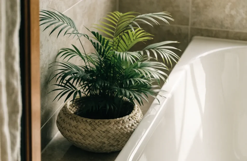 Low Light Bathroom Plants: 12 Best Picks + Complete Care Guide 15 Parlor palm in a woven basket planter beside a bathtub.
