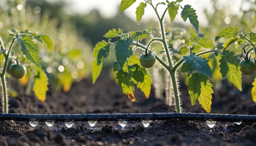 Drip irrigation system watering tomato plants evenly at the base