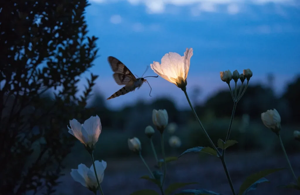 Night-blooming fall flowers for pollinators attracting a sphinx moth at dusk