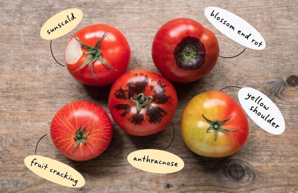 Tomato Sunscald: Symptoms, Causes, Treatment & Prevention Guide 4 Side-by-side comparison of tomato sunscald, blossom end rot, anthracnose, yellow shoulder, and fruit cracking