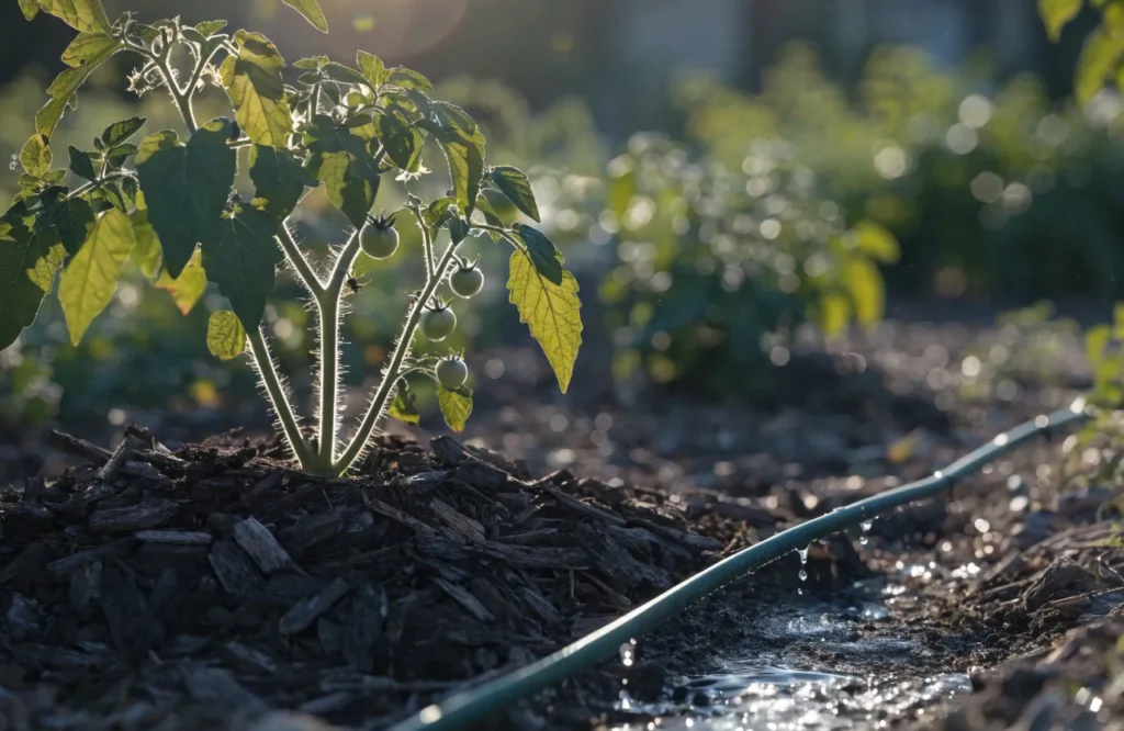 Deep watering and mulching a tomato plant to prevent blossom drop from stress