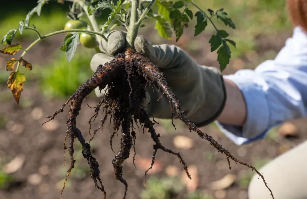 Dark, mushy tomato plant roots showing signs of overwatering and root rot