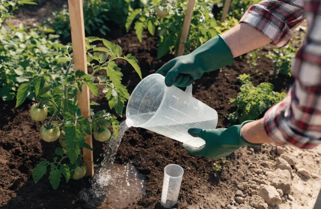 Measuring water for a tomato plant with a jug and rain gauge