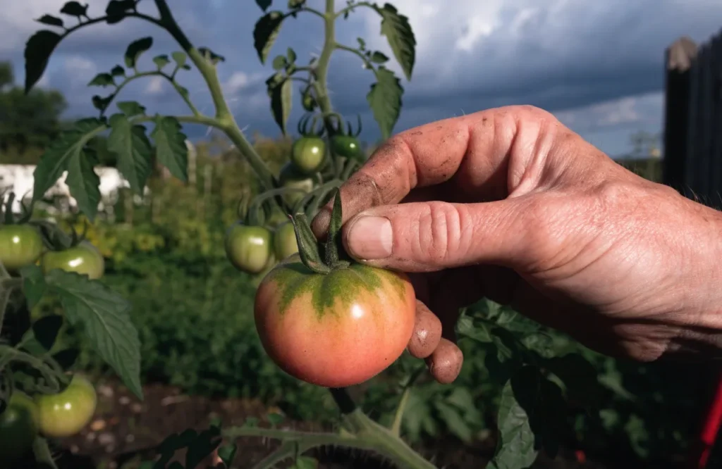 harvesting a breaker-stage tomato before rain