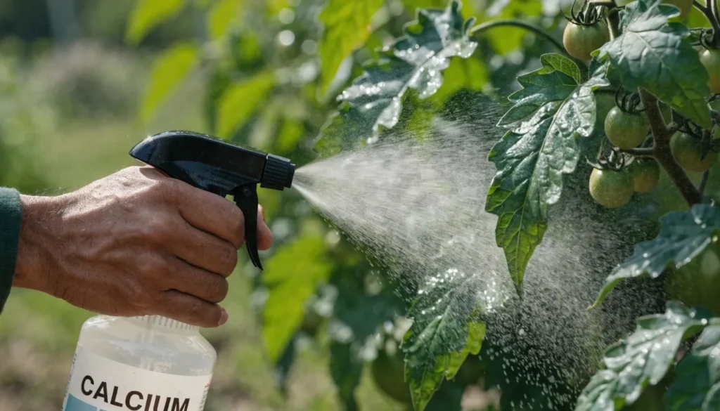 Gardener applying a calcium foliar spray to young tomato fruit