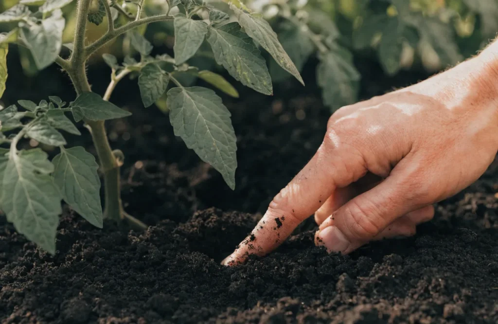 Checking soil moisture at the base of a tomato plant to diagnose wilting