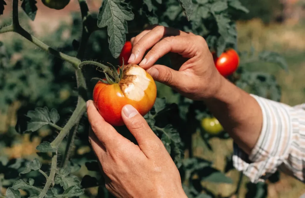 Tomato Sunscald: Symptoms, Causes, Treatment & Prevention Guide 6 Gardener checking a sunscalded tomato still ripening on the vine