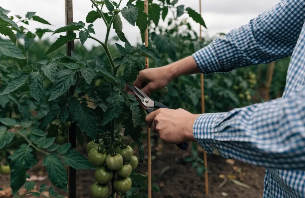 Tomato Sunscald: Symptoms, Causes, Treatment & Prevention Guide 7 Gardener pruning tomato suckers conservatively while preserving leaf cover over fruit