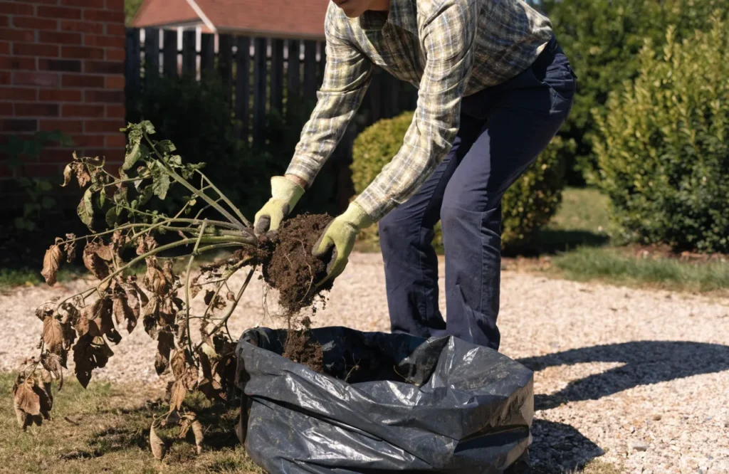 Gardener removing a diseased tomato plant to prevent spread