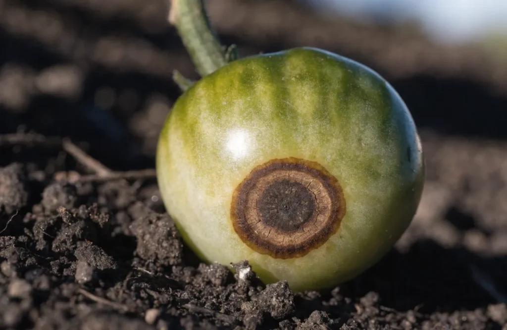 Buckeye rot with concentric rings on a tomato touching the soil