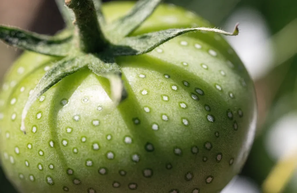Bird's-eye bacterial canker spots on a green tomato