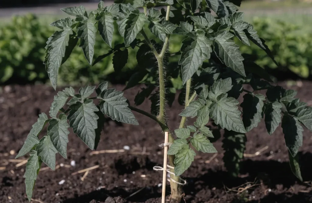 Vegetative-stage tomato plant with thick stem and dense foliage