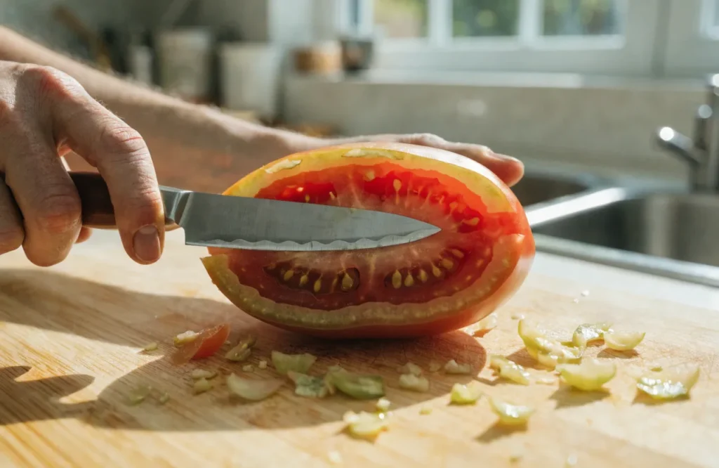 Tomato Sunscald: Symptoms, Causes, Treatment & Prevention Guide 5 Trimming the damaged papery skin from a sunscalded tomato before eating