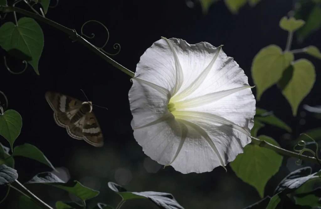 White moonflower blooming at night, a top fall vine for moths and night pollinators